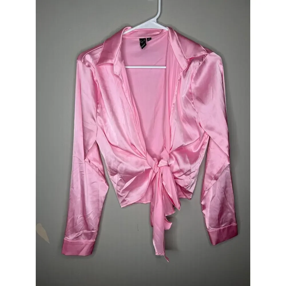 Pink Satin Tie-Front Blouse | Windsor | Y2K Inspired Going Out Top - Picture 3 of 6